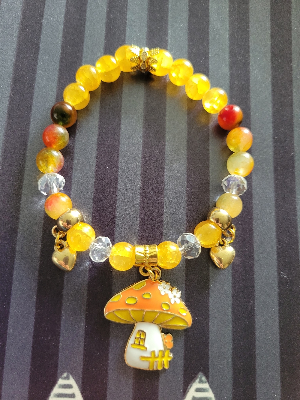 🖤NEW🖤 Hand Crafted Yellow & Orange Beaded Mushroom Charm Bracelet